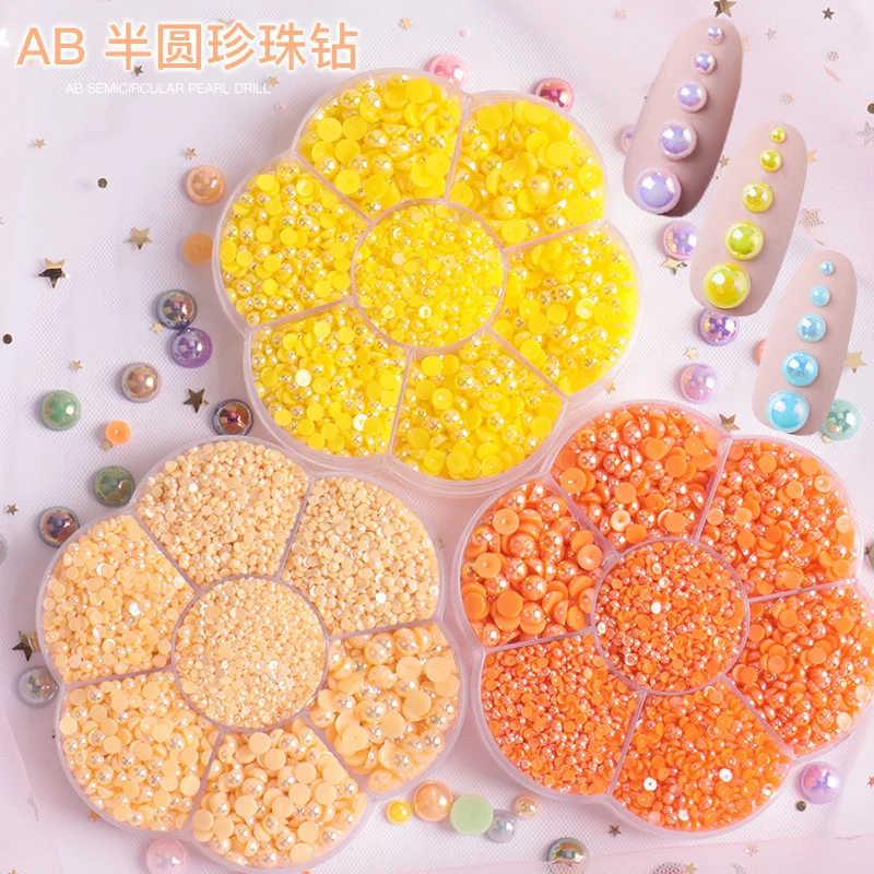 

Nail Accessories 7 Grid Plum Blossom Pearl ABS Half Face Pearl Flat Bottom Diamond Rhinestone Nail Decals Gem Stickers Pack of 3