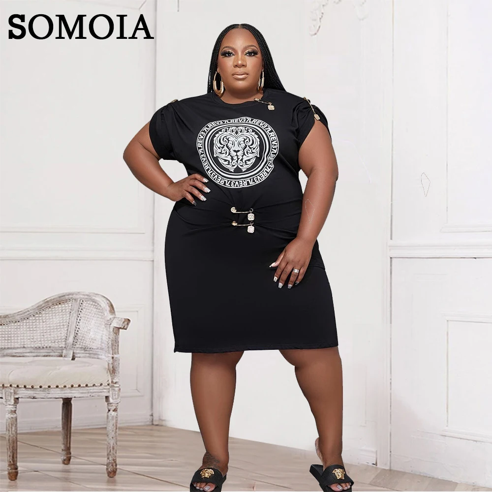 

SOMOIA XL-5XL Plus Size Women Clothing Women's Feature Solid Color Printed Pin Button Dress T-Shirt Skirt Wholesale Dropshipping