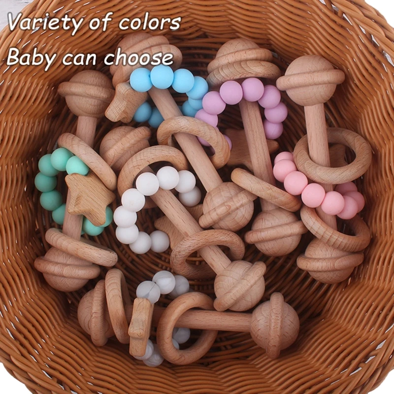 

Wooden Baby Rattle Shake Toy Silicone Beads Teether Ring Grasping Teething Toys