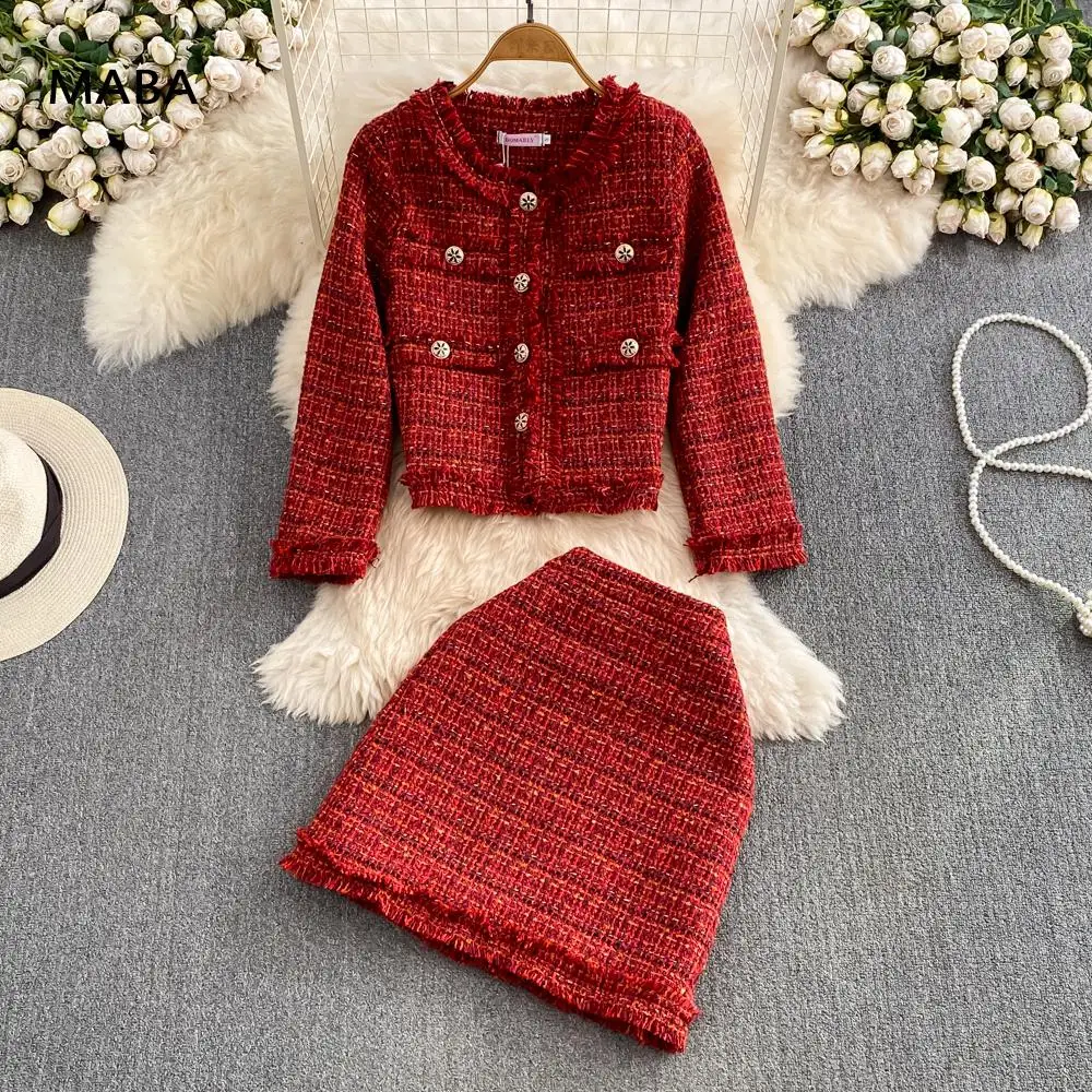 

Женский твидовый костюм из двух предметов, красная однобортная куртка с круглым вырезом и приталенная мини-юбка, Рождественский костюм, Осень-зима 2019