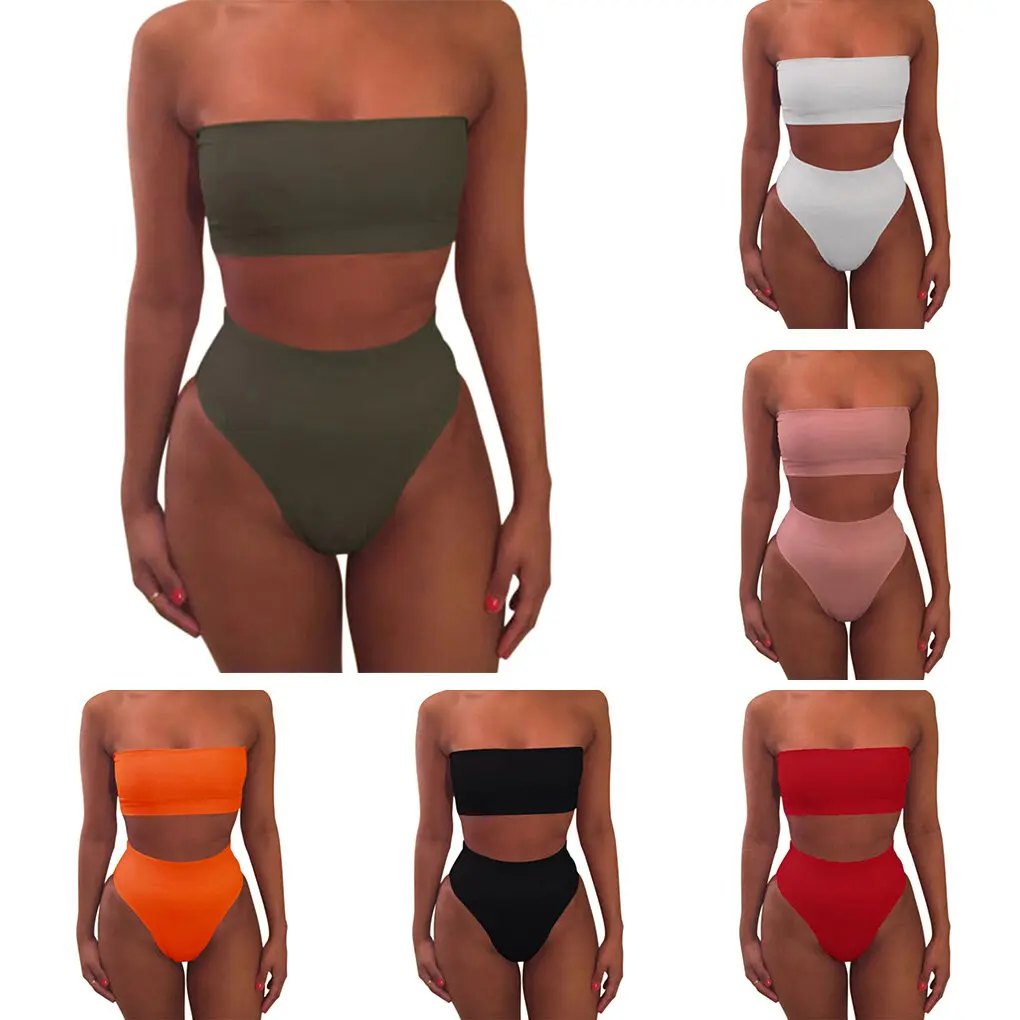 

Solid Color Crop Bra Bikini Swimwear Swimsuit Beachwear Set for Women Girl