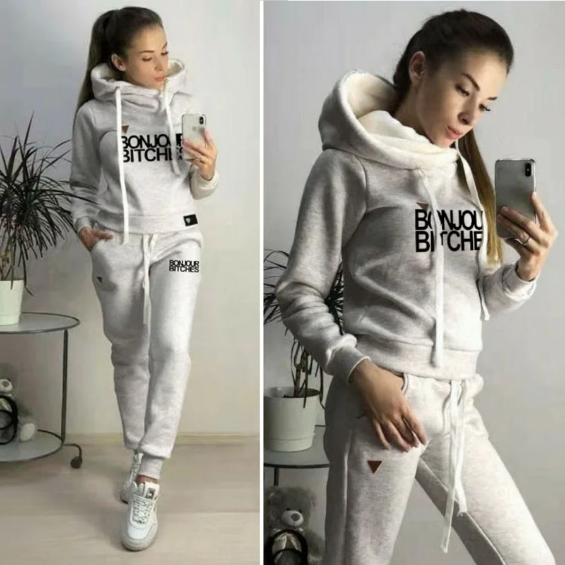 Fashion Womens Clothing Autumn Winter Fleece Thicken Hoodies and Sweatpants Suits Casual Hooded Warm Sweatshirts Sport Suits