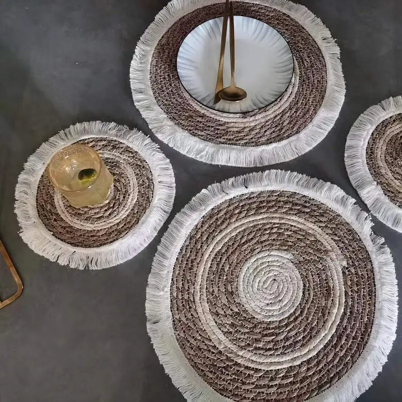 

Hand Woven Round Table Mats Tassles Placemat Home Deco Kitchen Accessories Heat Insulated Pad Dinimg Table Coffe Cup Bowl Tray