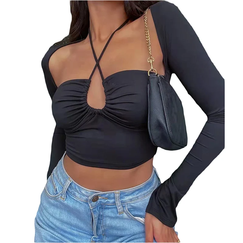 

Combhasaki Sexy Women Solid Color Long Sleeve Hollowed Out Halter Criss Cross Tie Up Crop Top Basic Cut Out Skinny T-Shirt