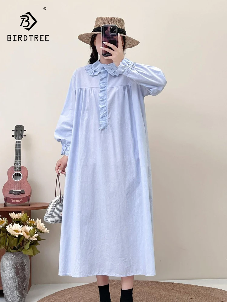 Платье хлопковое с длинным рукавом для женщин платье круглым воротником и