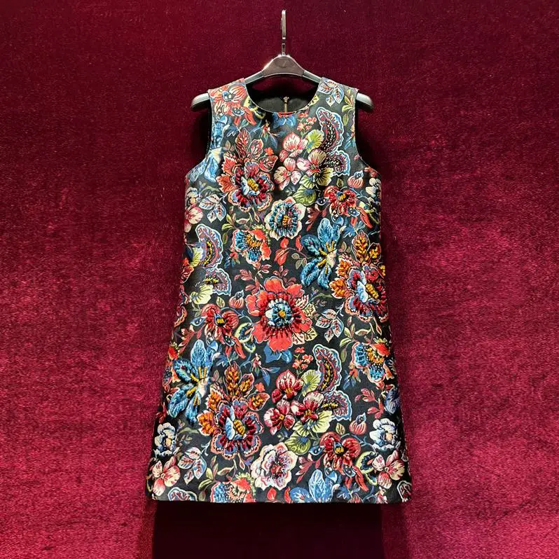 European and American women's dress 2023 summer new style Round neck sleeveless heavy stitching beads Floral jacquard dress