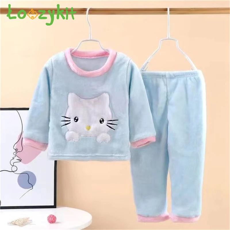 

Children's Pajamas Girls Warm Clothing Sets Winter Flannel Homewear Set Boys and Girls Thick Coral Velvet Two-piece Set 1-7Y