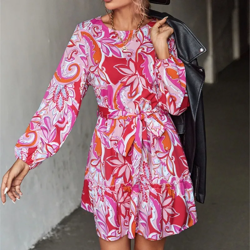 

Autumn New Womens Round Neck Dress Fashionable Casual Print Long Sleeve Slim A-line Short Dress Vestidos Elegantes Para Mujer