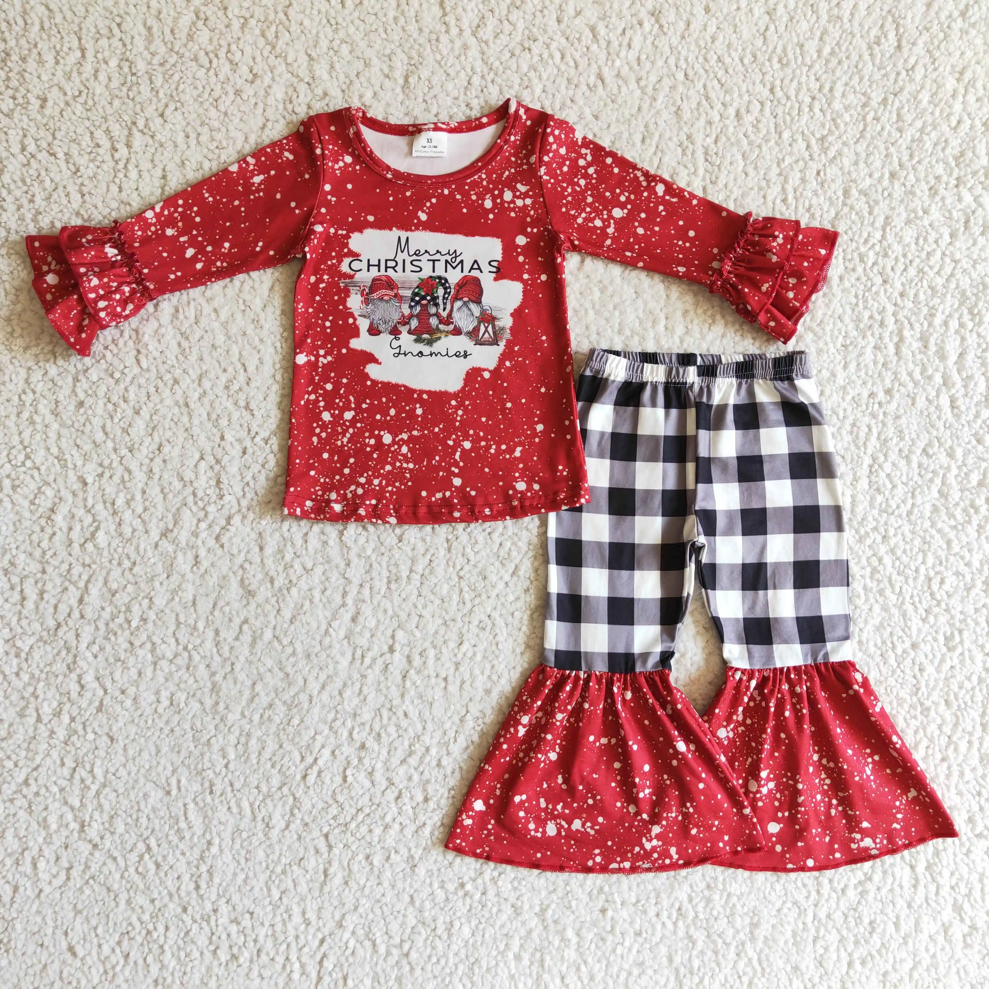

hot sale Santa Clause pattern red long sleeve black plaid bell-bottoms baby girl clothes fall winter Christmas kids clothing