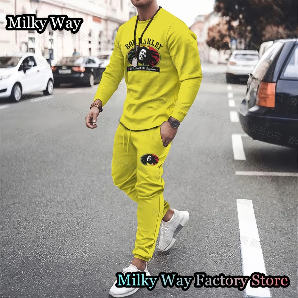 Spring Men Bob Marley Tracksuit Fashion Long Sleeve T-Shirt Trousers Set Male Jogging Suit One Love Print Clothing Casual Outfit