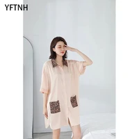yftnh women nightgown sumner soft silk short sleeve night shirts fashion leopard print button down mini nightdress sleepwear