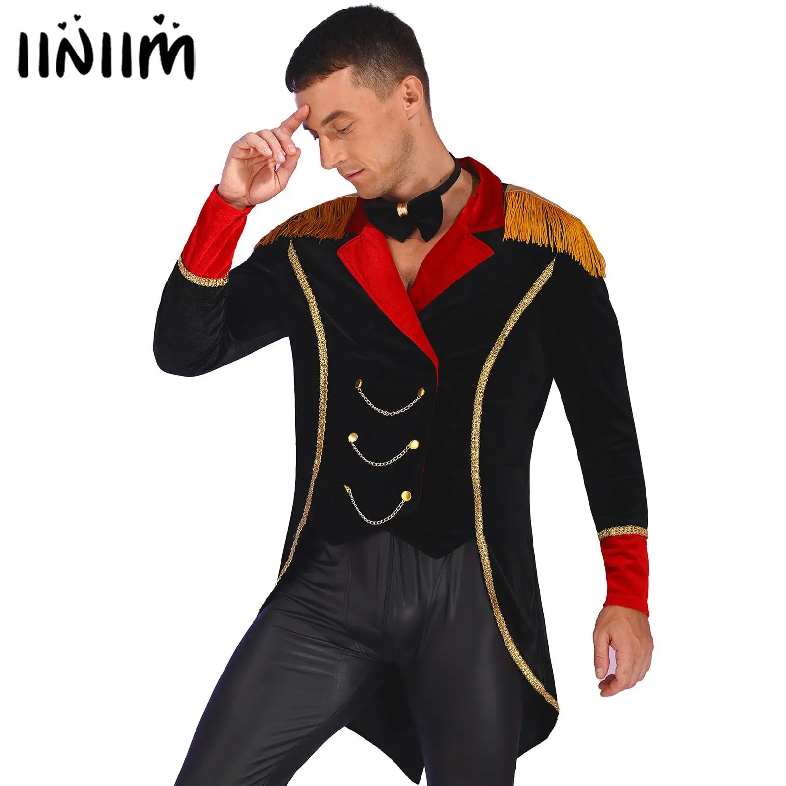 

Mens Halloween Circus Ringmaster Cosplay Costume Lapel Fringe Jacket Metal Chains Long Sleeve Swallow-Tailed Coat with Bow Tie