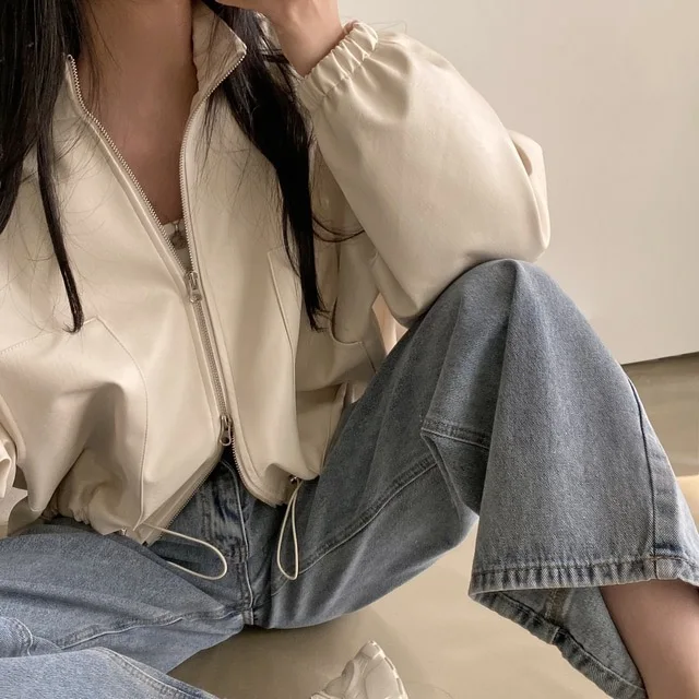 Korean Chic Autumn Skinny Fashion St Collar Zipper Large Pocket Design Drawcord Tie Motorcycle Leather Coat Women Y2k White Top
