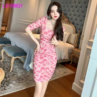 2022 summer new womens temperament hip wrap pleated chiffon floral dress office lady knee length zippers