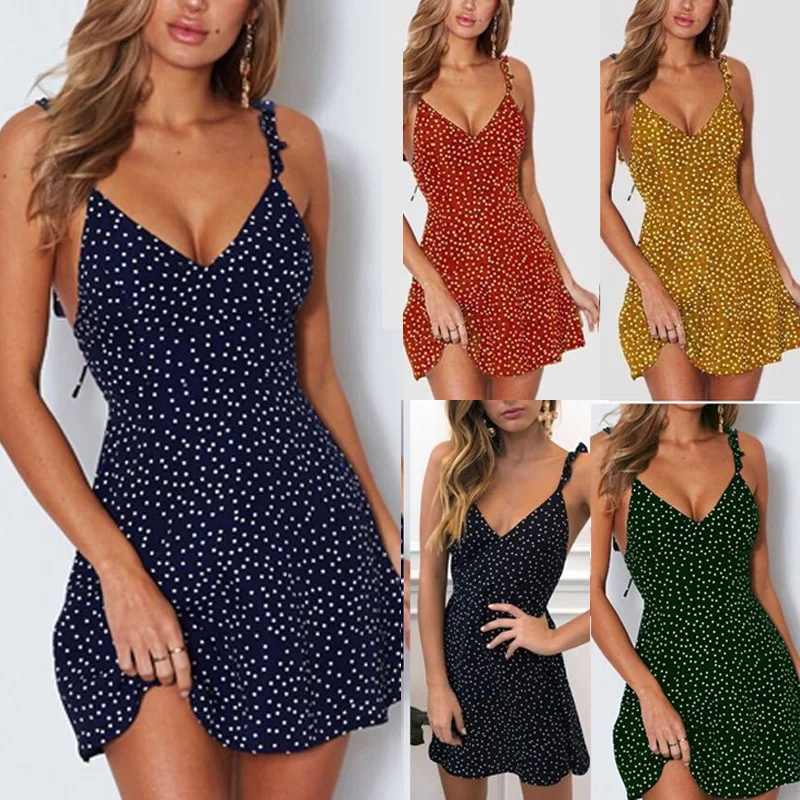 

Women Bohemian Mini Dress V Neck Summer Dress 2022 Spaghetti Strap Sundress Bandage Woman Backless Sexy Beach Dress