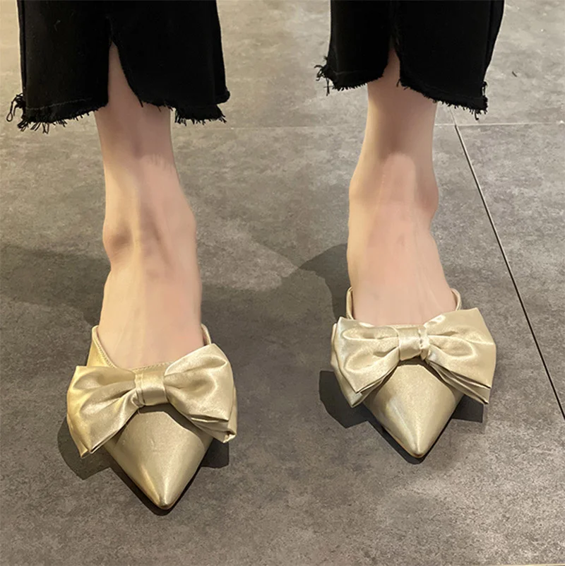 

Slippers Women 2021 New Fashion Pointed Toe Slipper Big Bowtie Slip on Shoes Silk Sandals Flat Slide Outside Ladies Shoes