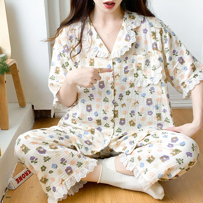 

100% Gauze Cotton Maternity Nursing Sleepwear Sets Summer Thin Pajamas Clothes for Pregnant Women Pregnancy Sleep Home Hospital