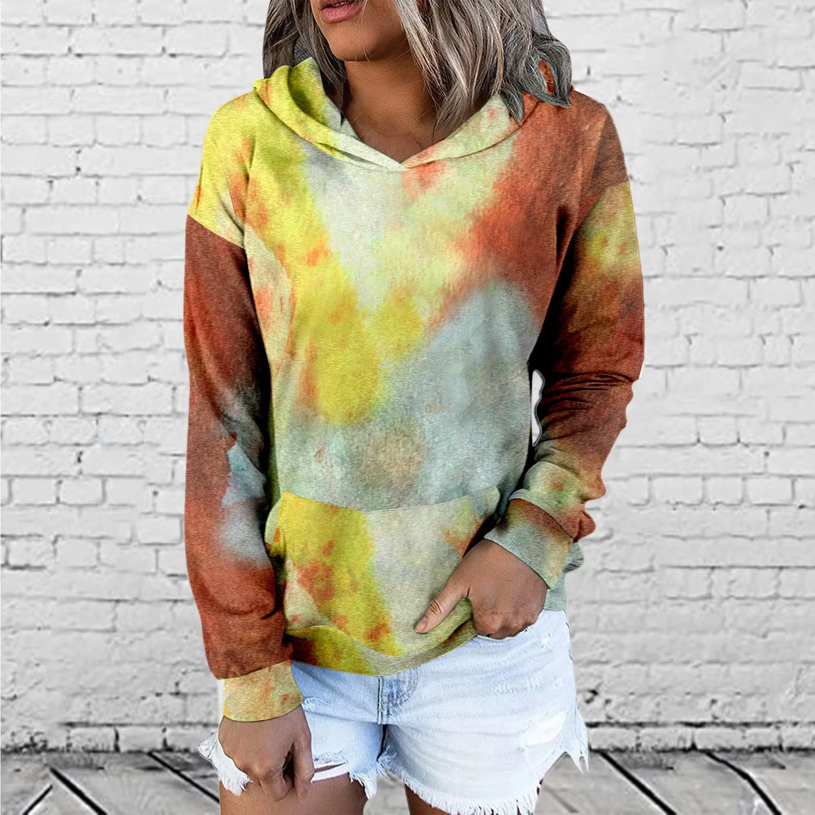 

Womens Hoodie Gradient Print Long Sleeve Pullover Fashion Sweatshirt Workout Oversize patchwork