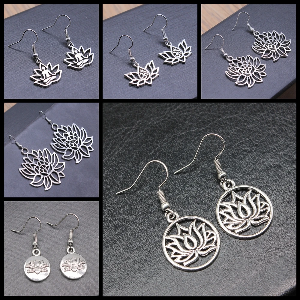 

Fashion Handmade Simple Design Lotus Flower Buddhism Buddha Statue Pendant Earrings Women Antique Silver Color Drop Earrings