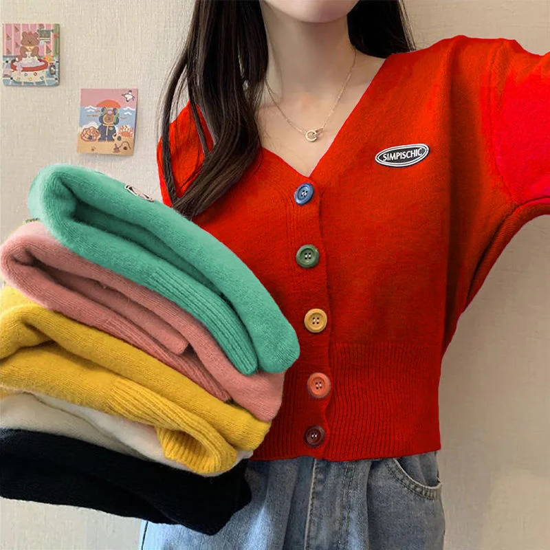 

New Sweet Cropped Cardigan Women 12 Colors Sweater Female Korean Single Breasted V-neck Long-sleeved Knitted Jackets