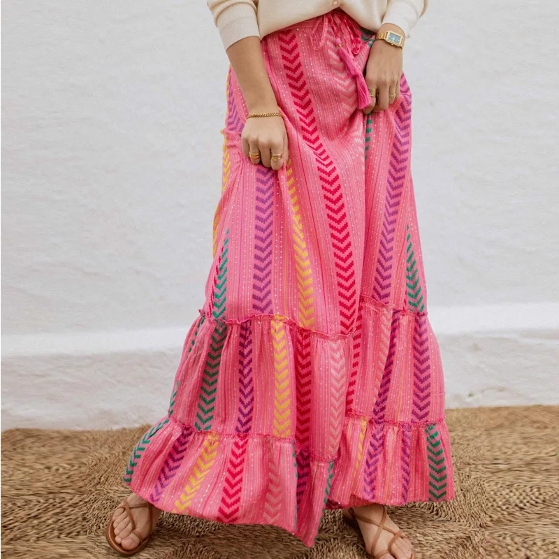 

Ethnic Skirt Woman's Spliced Striped Skirt Drawstring Elastic Waist Maxi Skirt Womens Fluffy Skirt Ankle Length Beach Skirt