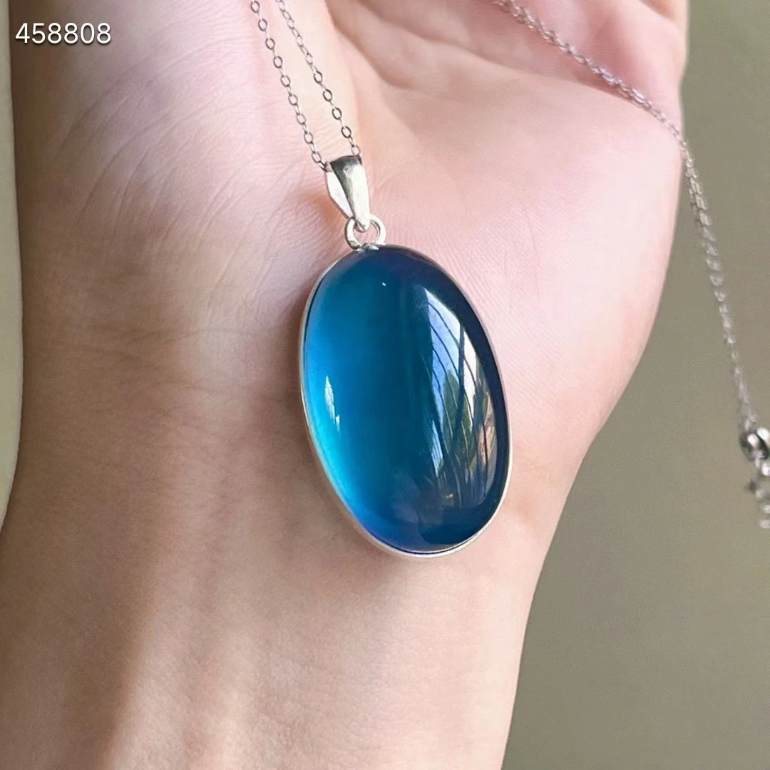 

Natural Blue Aquamarine Quartz Pendant Brazil Jewelry 925 Silver Deep Blue 30.4*18.8*13.6mm Aquamarine Oval Necklace AAAAA