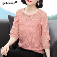summer elegant female hollow out appliques lace blouse fashion korean womens clothing ruffles splice o neck casual solid shirt