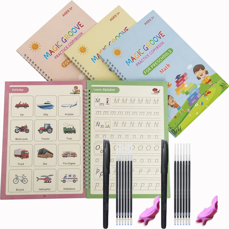 

4 Books+ Pen Magic Practice Copybook English for Kids Reusable Magical Writing Book Free Wiping Kids Books for Handwriting