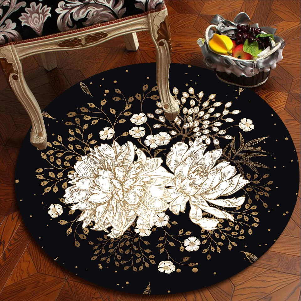

3D черный цветочный ковер, Круглый Роскошный Ковер в европейском стиле для гостиной, стола, стула, напольный коврик, декоративный нескользящий ковер для спальни и девушек