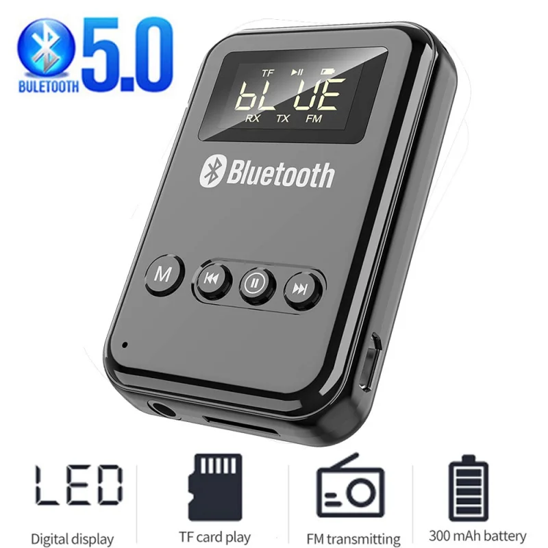 

LED Bluetooth 5.0 wireless receiver for car earphone speaker 300mA battery support TF FM card