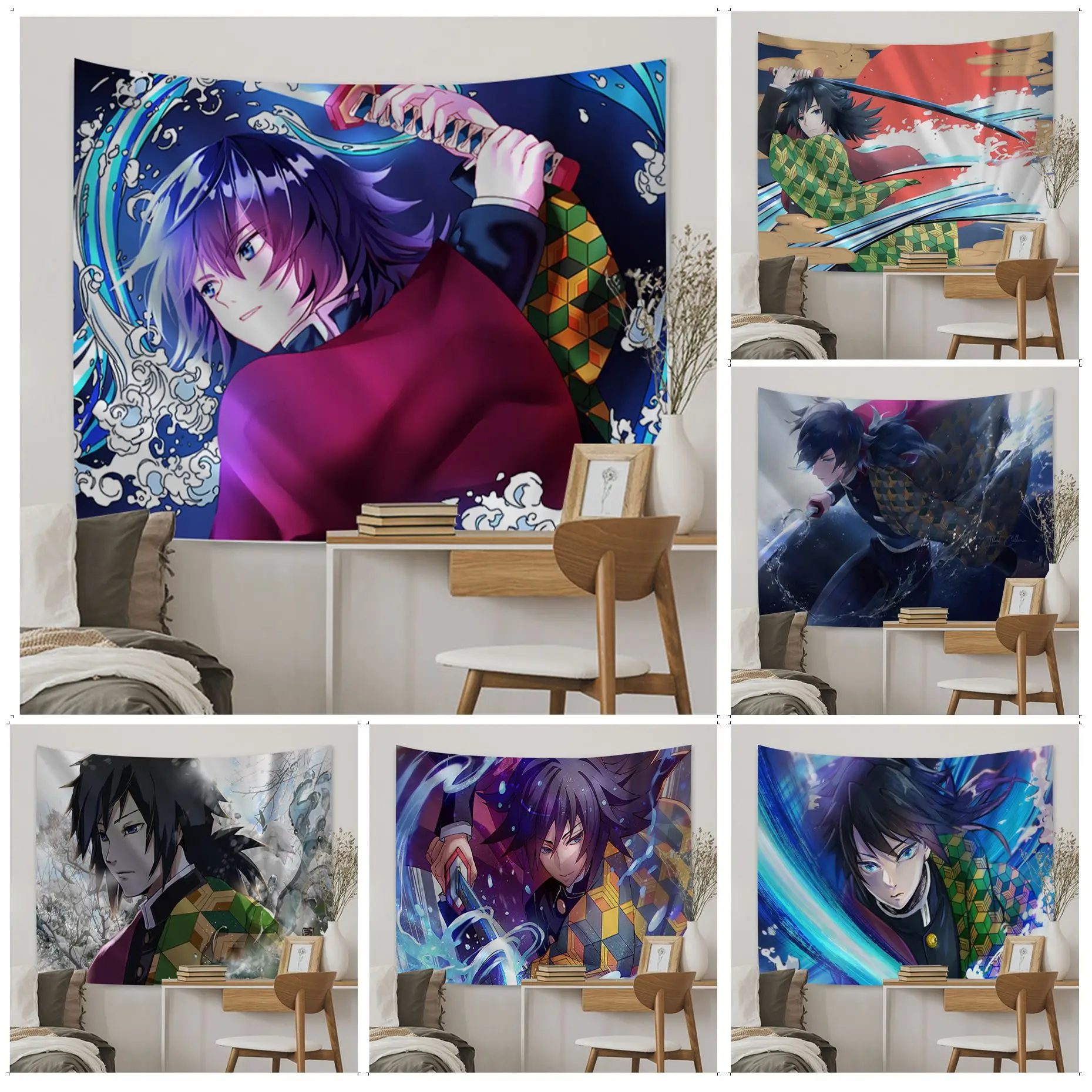 

Demon Slayer Tomioka Giyuu Colorful Tapestry Wall Hanging Indian Buddha Wall Decoration Witchcraft Bohemian Hippie Home Decor