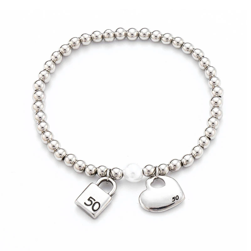 

Fashion Stainless Steel Silver 6mm Bead Bracelet Women Lock Heart Pendant Bracelet Letter UNO Jewelry Men