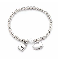 fashion stainless steel silver 6mm bead bracelet women lock heart pendant bracelet letter uno jewelry men
