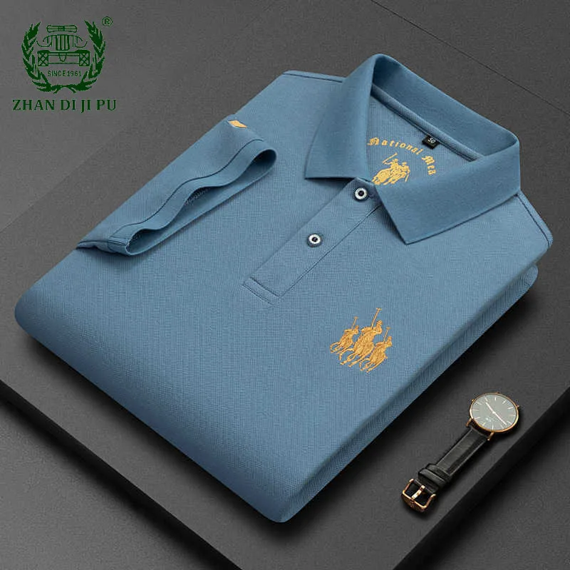 

2022 Embroidery Pattern Short Sleeve Polo Shirts Mens Business Casual Solid Color Lapel Cotton Tees Male Summer Breathable Tops