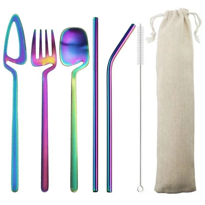 

7pcs Travel Cutlery Set Cutlery Set Case Stainless Steel Rainbow Knife Fork Spoon Portable multi-function Suit Tableware Set