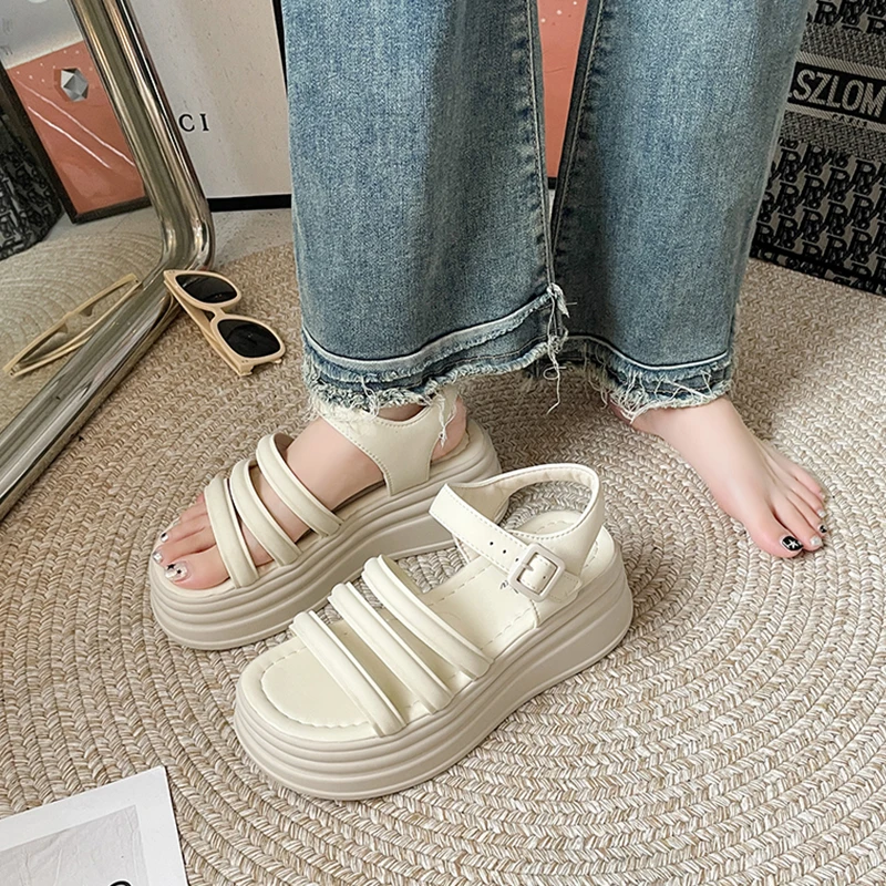 

Female Sandal Black Shoes for Women Clogs With Heel Increasing Height Med Muffins shoe Buckle Strap 2023 Summer Girls Beige New