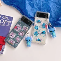 cute disney stitch angel phone case for samsung z flip 3 5g zflip3 flip3 for galaxy with cute doll ornament transparent cover