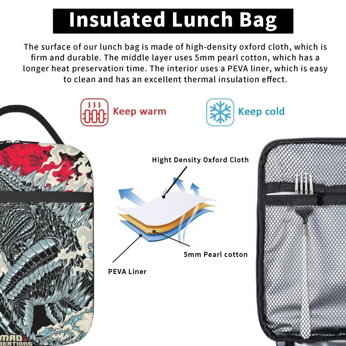 Godzillaed теплоизолированная сумка для ланча пикника Kaiju Портативная пищевых