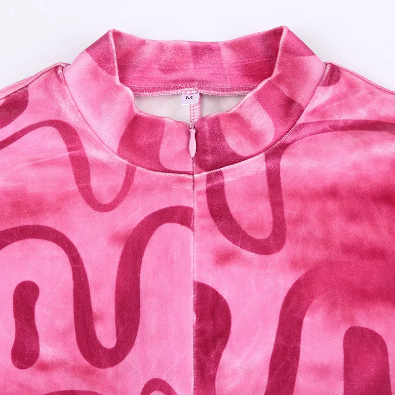 Women's Velvet Ripple Print Round Neck Invisible Zip Slim Long Sleeve One Piece Shorts