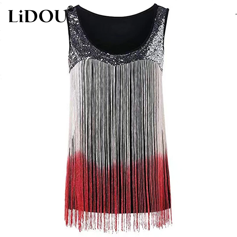 

Summer Fashion Casual Sequence Tassel Patchwork Pullover Tank Tops Women Loose Sleeveless All-match Fringe Vest Female Clothing