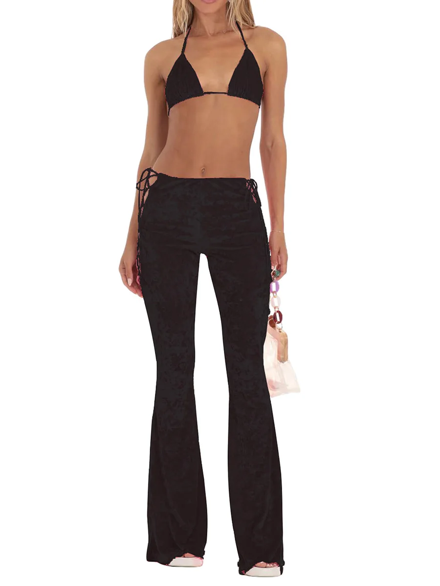 

Women Crushed Velvet Pants Tie-Up Flare Pants 70s Palazzo Wide Leg Slim Bell Bottom High Waist Stretch Trousers