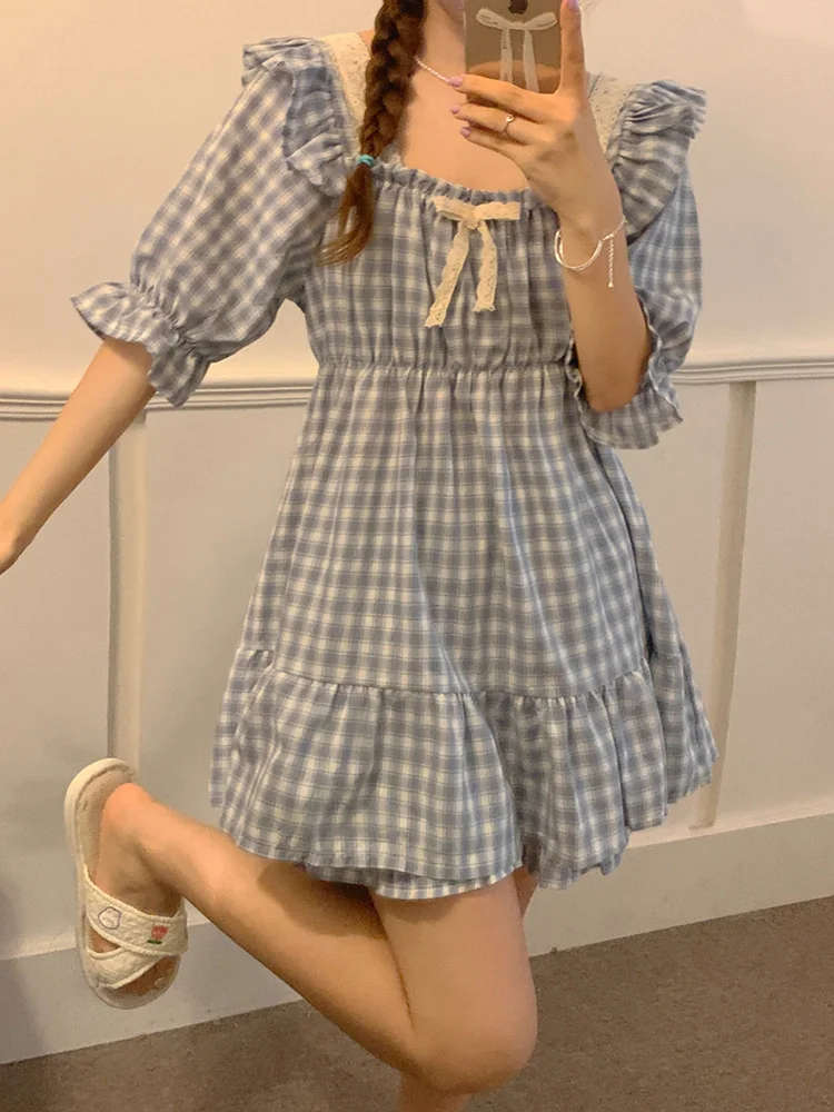 Свободная клетчатая полосатая летняя Пижама с коротким рукавом комплект для