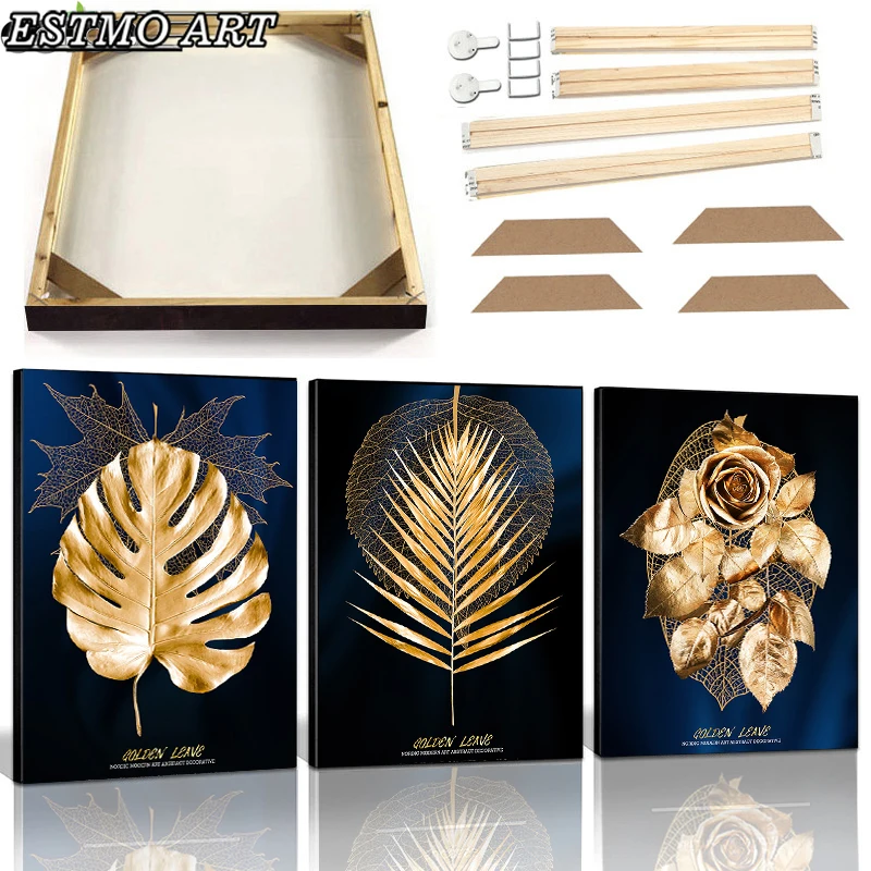 Canvas Prints Golden Leaf Flower Luxury Poster Wall Art Painting With Frame Nordic Plant Aesthetic Home Decor Print Pictu
