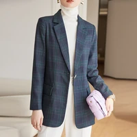 plaid autumn winter ladies professional office lapel double breasted suit jacket casual women work loose coat solid blazers