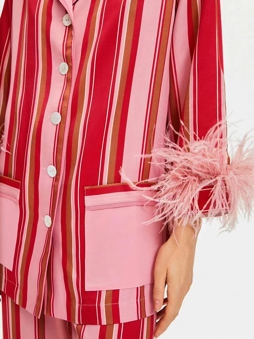 Marthaqiqi Модный женский Пижамный костюм с перьями Пижама отложным воротником