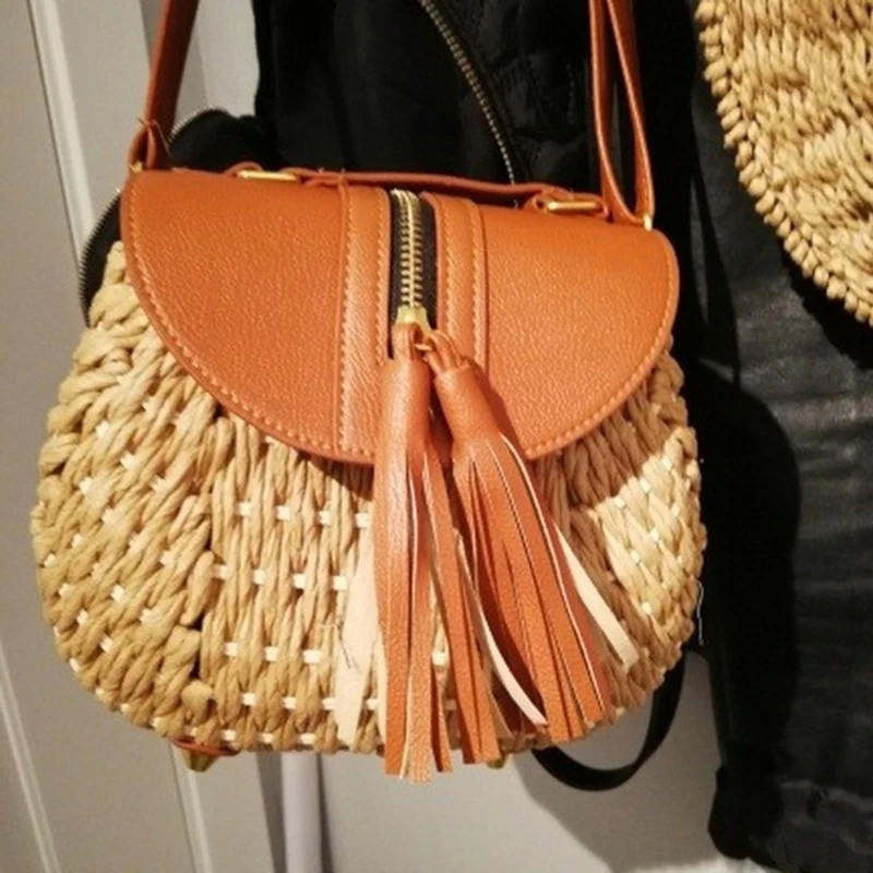 

Женская плетеная сумка-мессенджер через плечо, летняя пляжная соломенная сумка с кисточками в богемном стиле, 2022