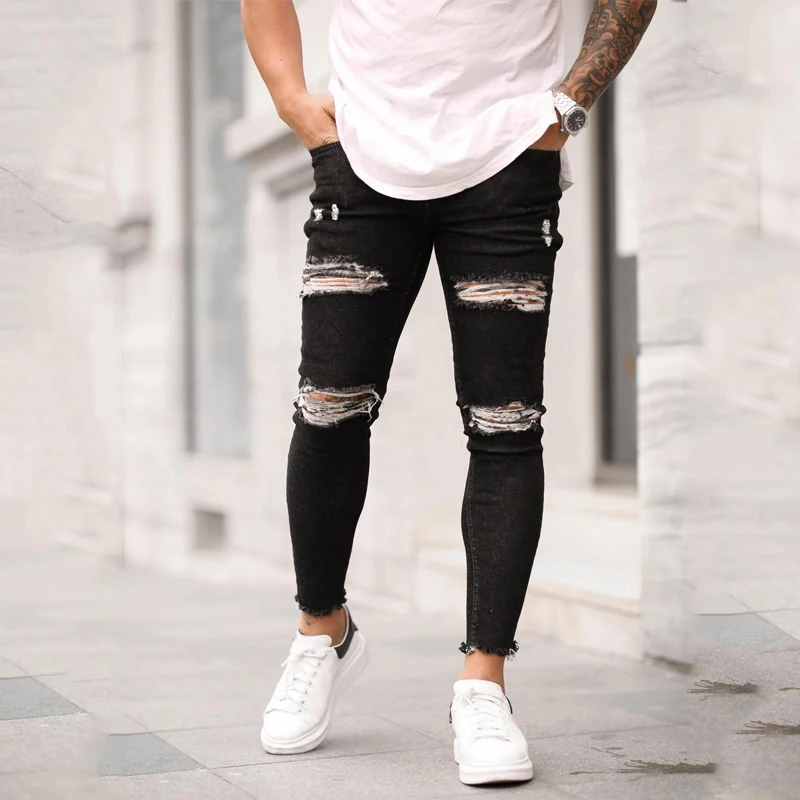 European and American new men's ripped elastic skinny skinny jeans torn nine-point jeans Youth fashion trend casual trousers