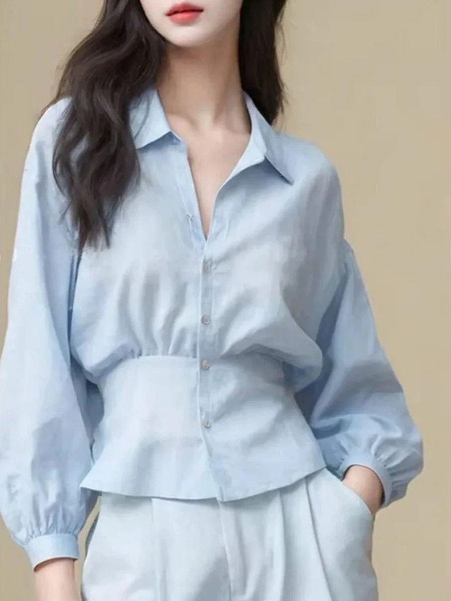 French sle Blue Polo Collar Temperament Shirts Women 2025 Spring Tight Waist Design Sense Unique Chic Top
