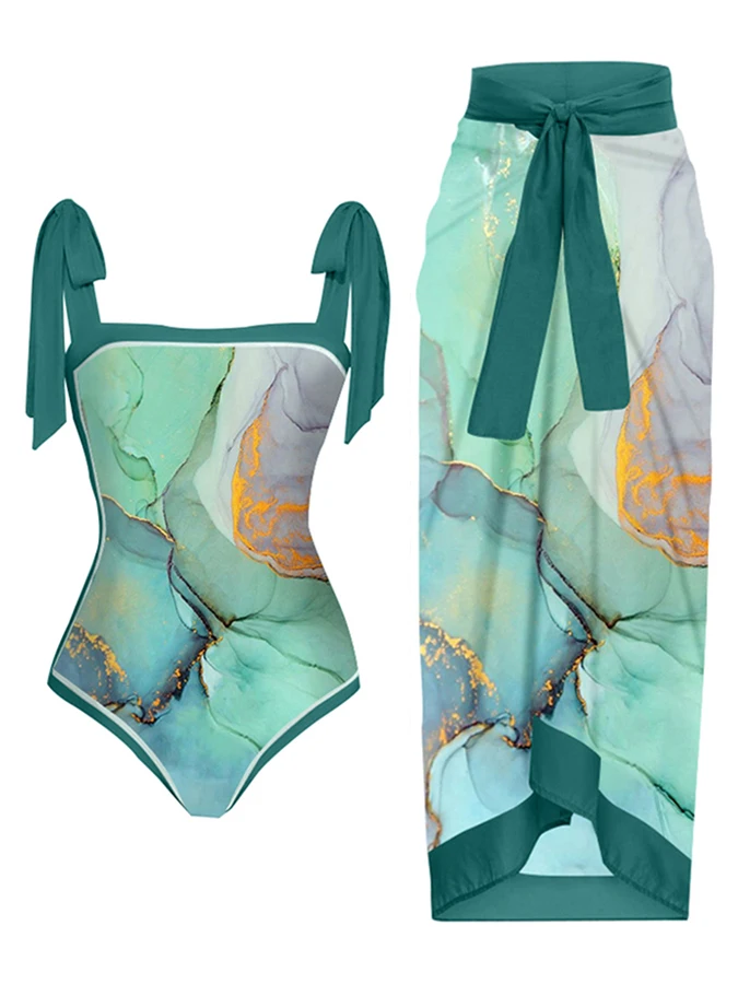 

One Piece Swimsuit Women Fashion Printed Square Neck Swimwear Cover Up Bodysuit Backless Beach Bikini Sexy Push Up Bathing Suit