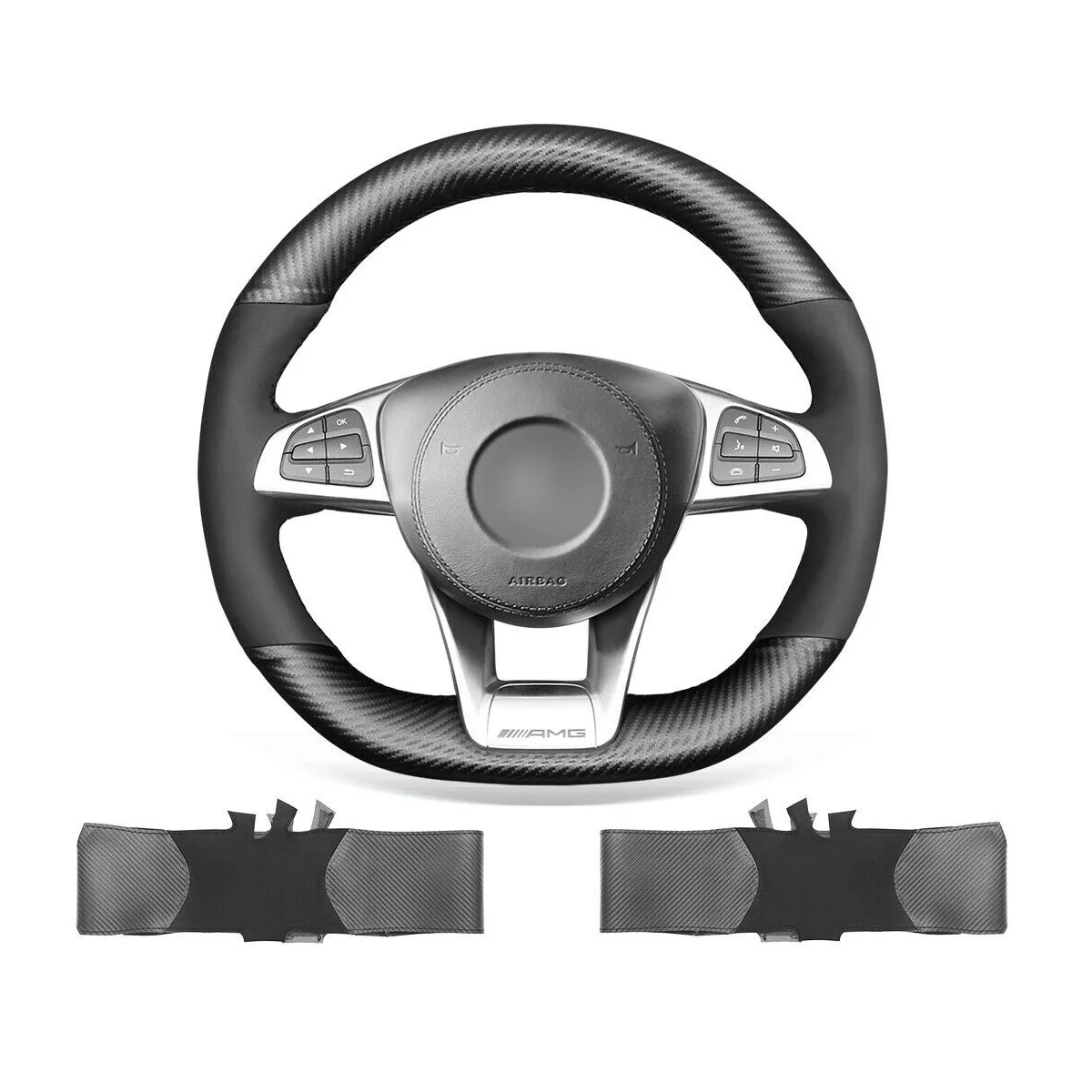 

Non-slip Durable Black Suede PU Carbon Fiber Car Steering Wheel Cover Warp for Benz C190 R190 W205 C117